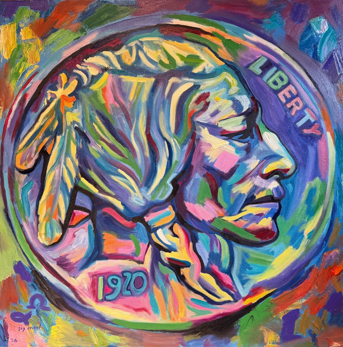 Buffalo Nickel Obverse painting by Jay Decker – colorful Native American portrait