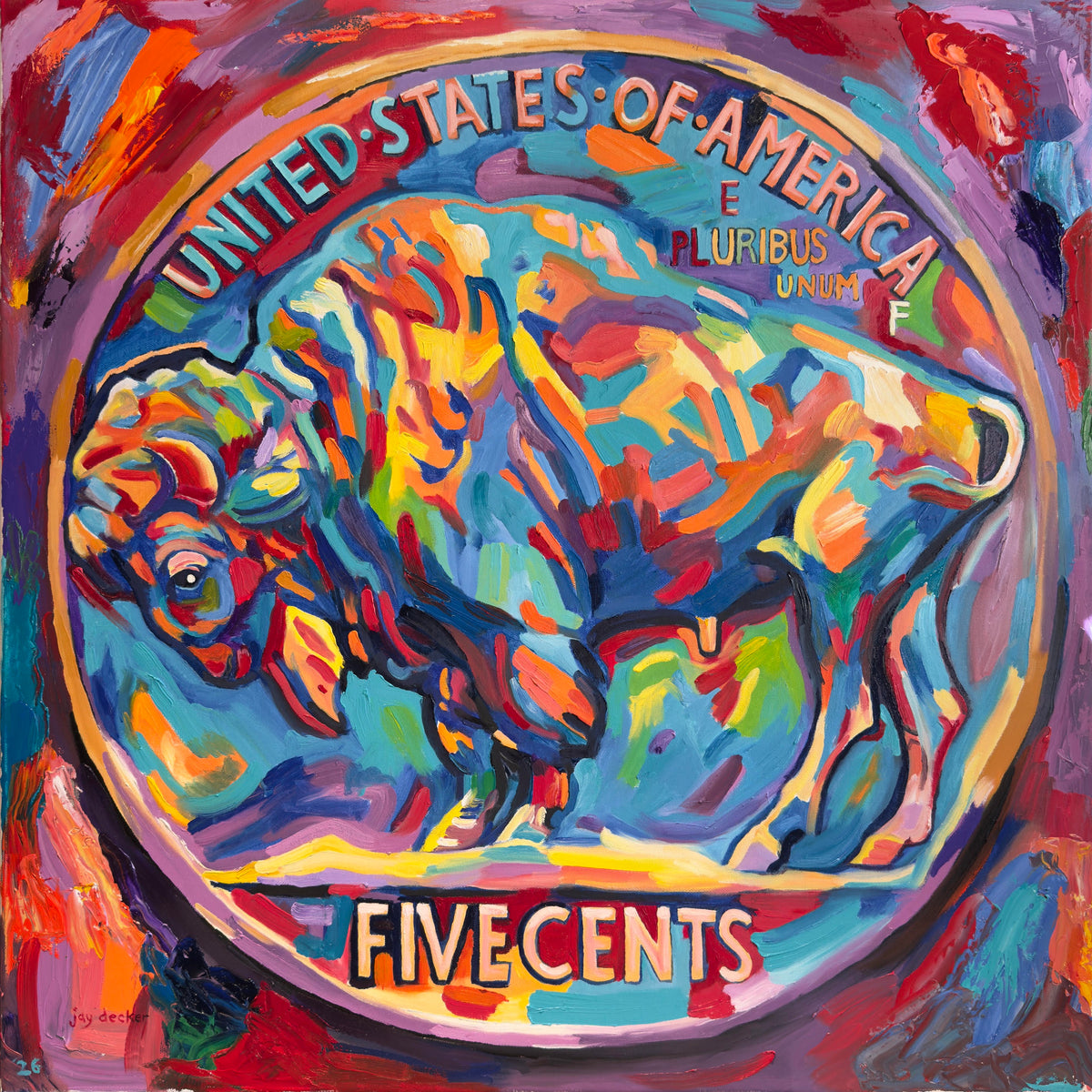 Buffalo Nickel Reverse painting by Jay Decker – colorful bison on a coin